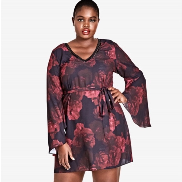 City Chic Dresses & Skirts - City Chic Crimson Rose Tunic Mini Dress Bell Sleeves